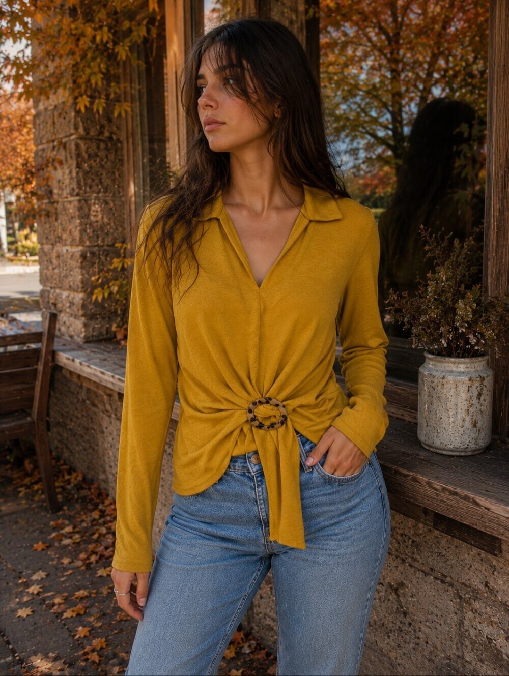 Topshop Mustard Wrap Buckle Blouse | Long Sleeve | US 4 / UK 8 / EU 36